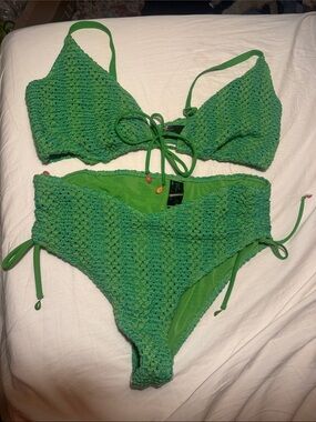 ASOS Green Crochet Tie-Front Bikini w/ fruit charms